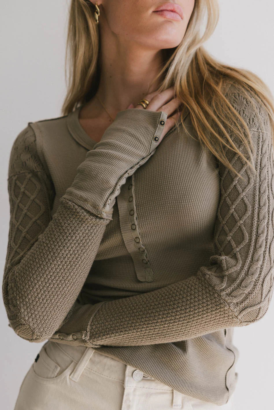 Naomi Cable Knit Sleeve Top in Olive FINAL SALE