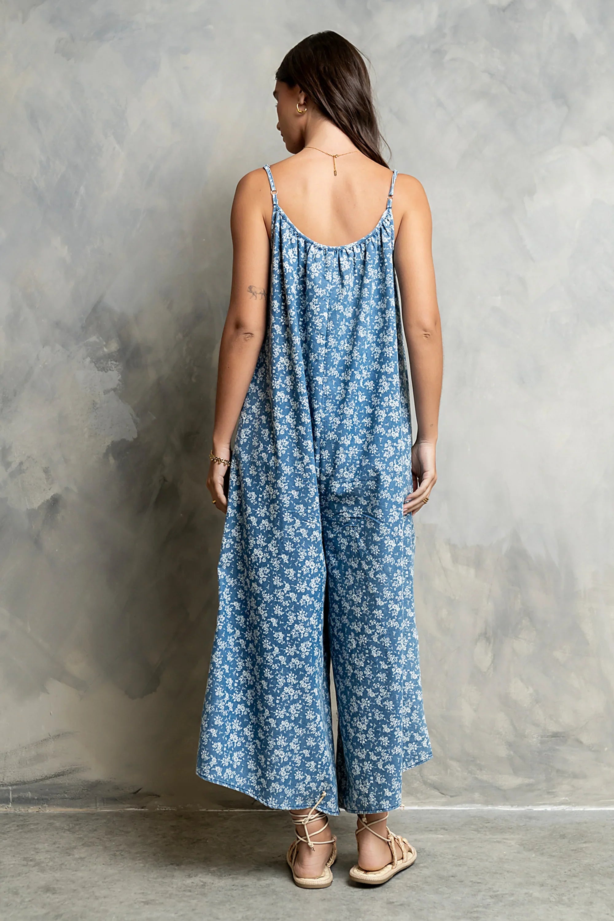 Brookelle Denim Floral Jumpsuit in Dark Wash