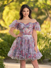 Ivana A Line Off the Shoulder Printed Tulle Short Homecoming Dress
