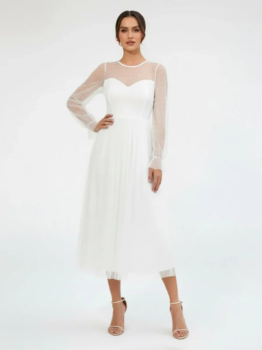 Elegant A Line Long Sleeve Tea Length Wedding Dresses