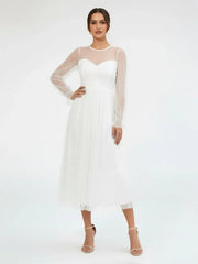 Elegant A Line Long Sleeve Tea Length Wedding Dresses
