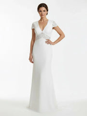 Modest Simple Sheath Short Sleeve Empire Floor Length Sweep Train Chiffon V neck Wedding Dress