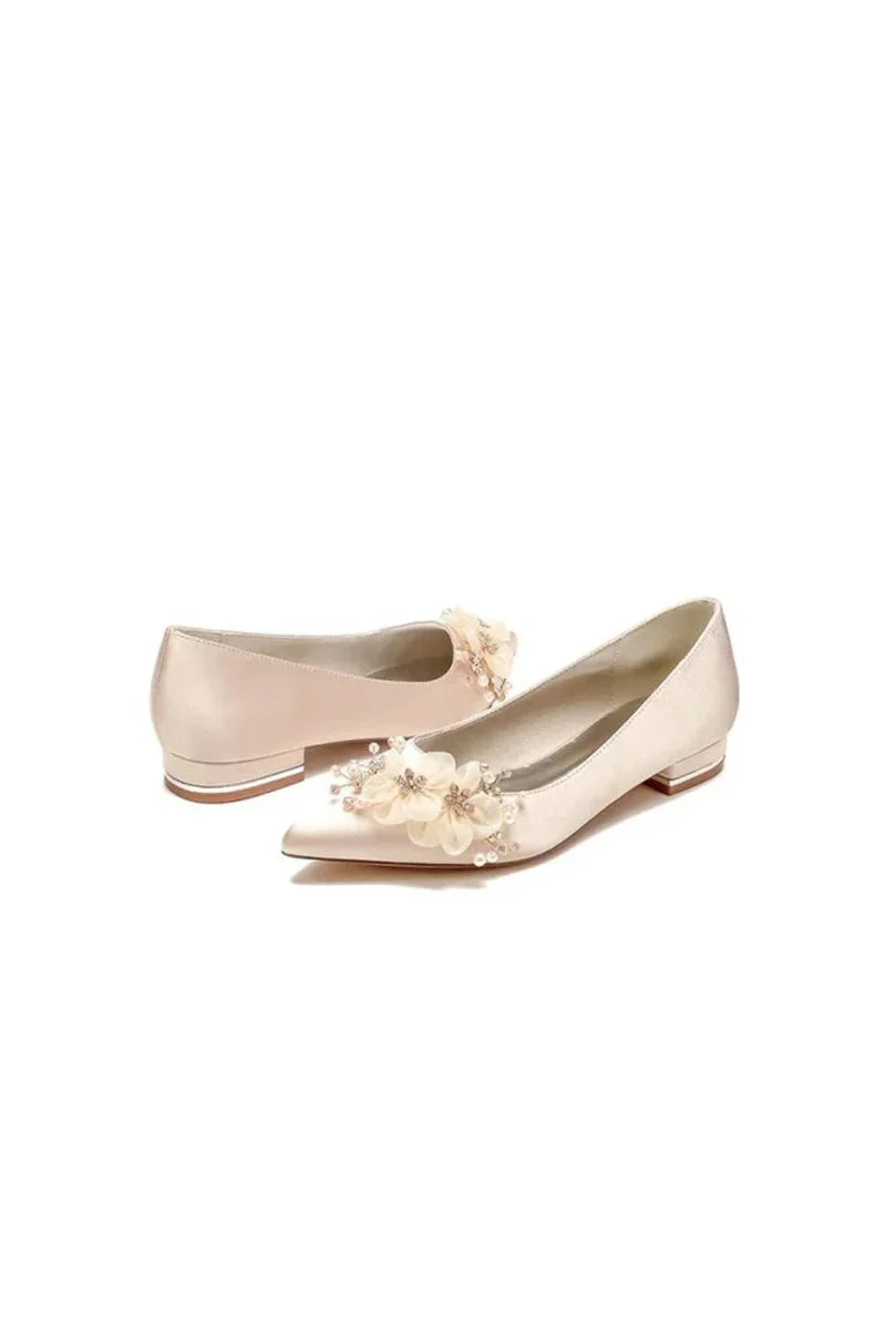 Satin Champagne Flats with Delicate Flower Embellishments