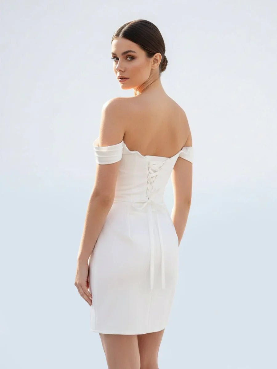 Off the Shoulder Short Satin Cowl Neck Simple Formal Wedding Dress With Slit