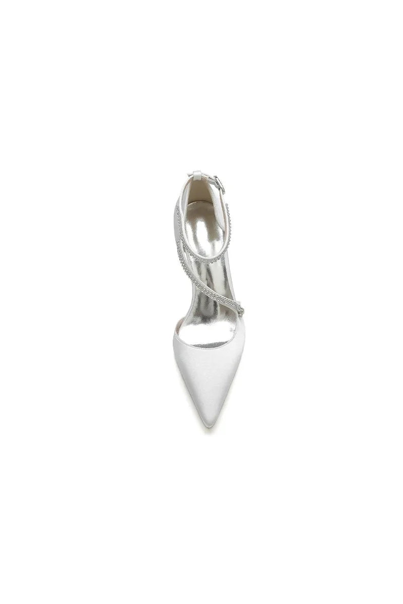 White Satin Pump with Cross Strap and Beaded Buckle