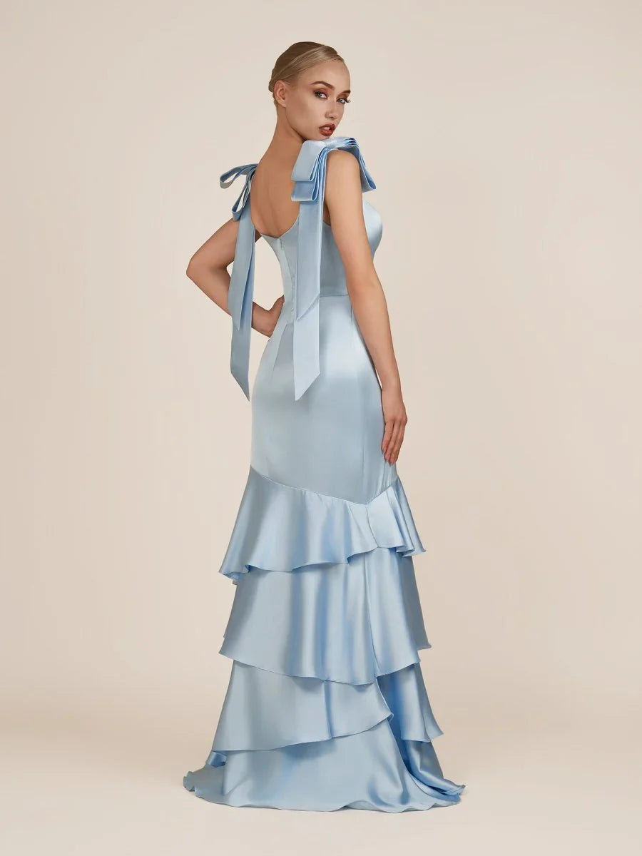 Light Blue Straps with Bows Mermaid Satin Tiered Long Bridesmaid Dress