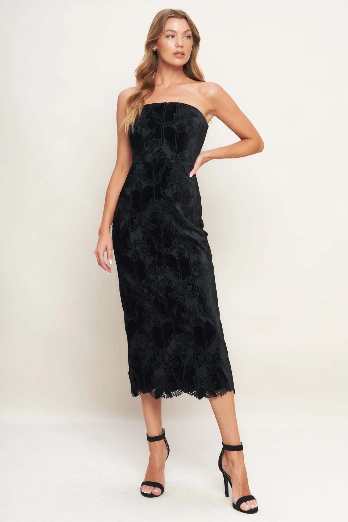 TEMPTATION BLACK VELVET LACE MIDI DRESS FINAL SALE