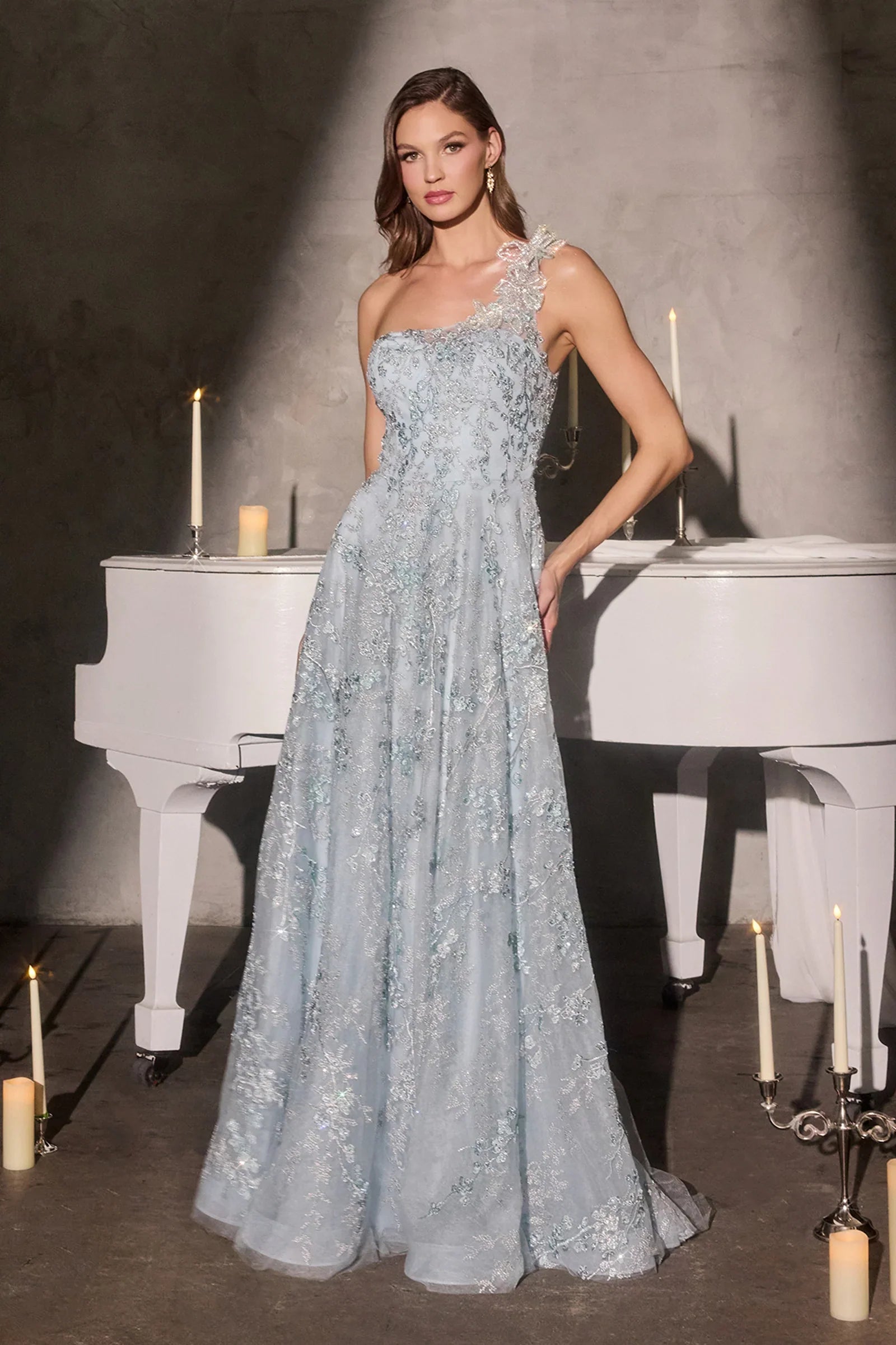 June A line Gown One Shoulder Floral Appliqué Evening Dress