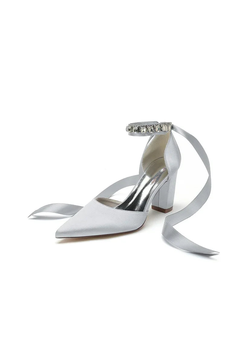 Rhinestone Ribbon Pointed Toe Ankle Strap Chunky Heel