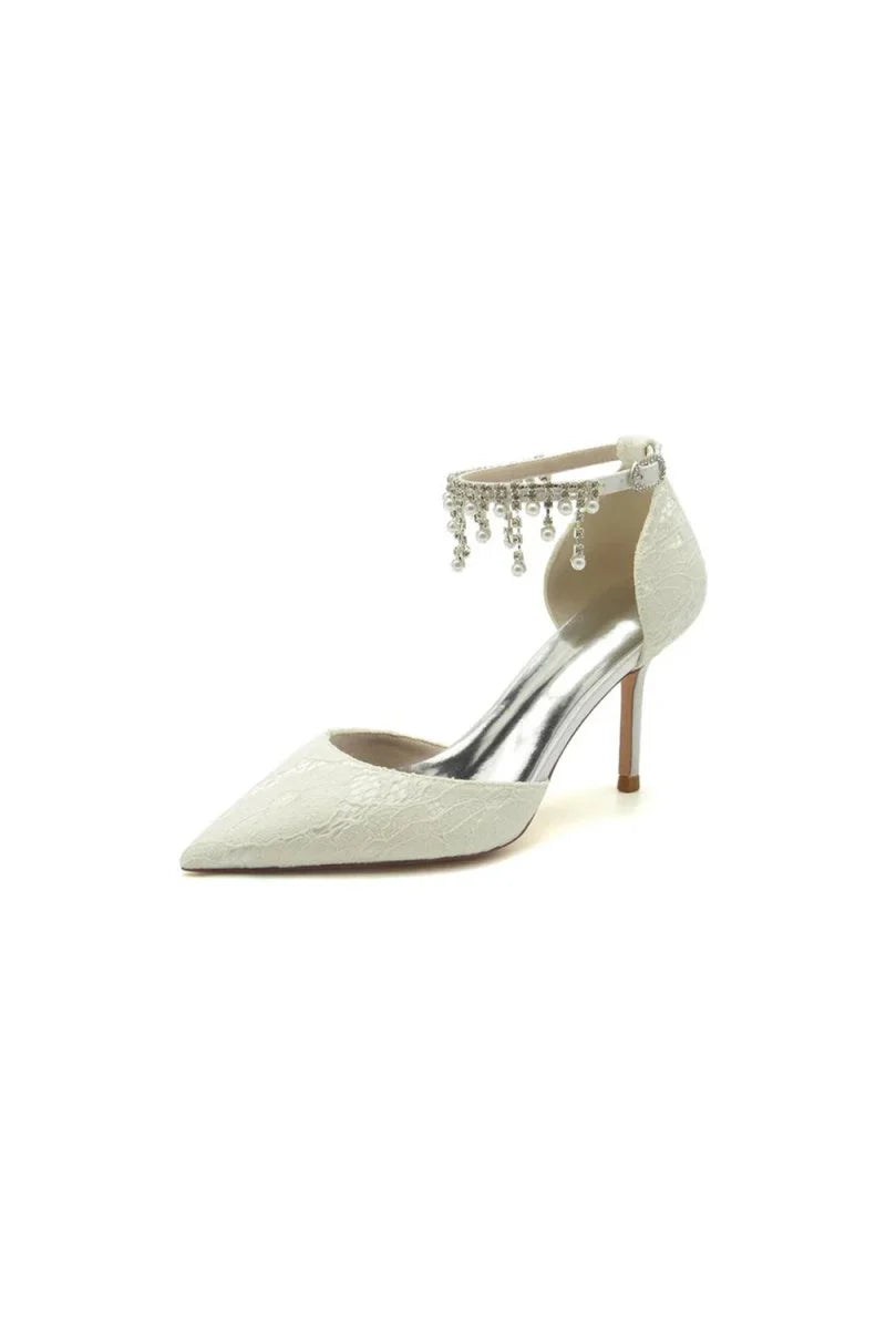 Elegant White Ankle Strap Pearl Beaded Wedding Shoes