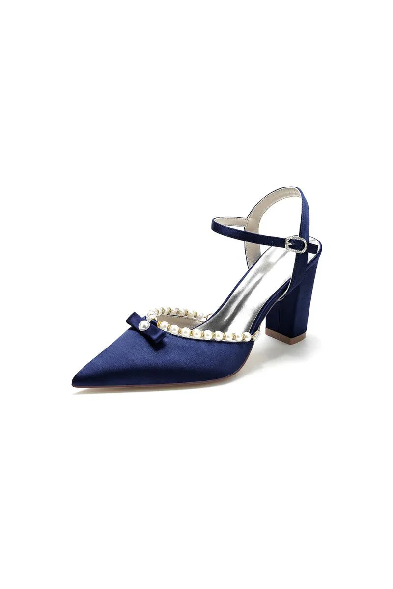 Pearl Pointed Toe Ankle Strap Chunky Heels With Bow