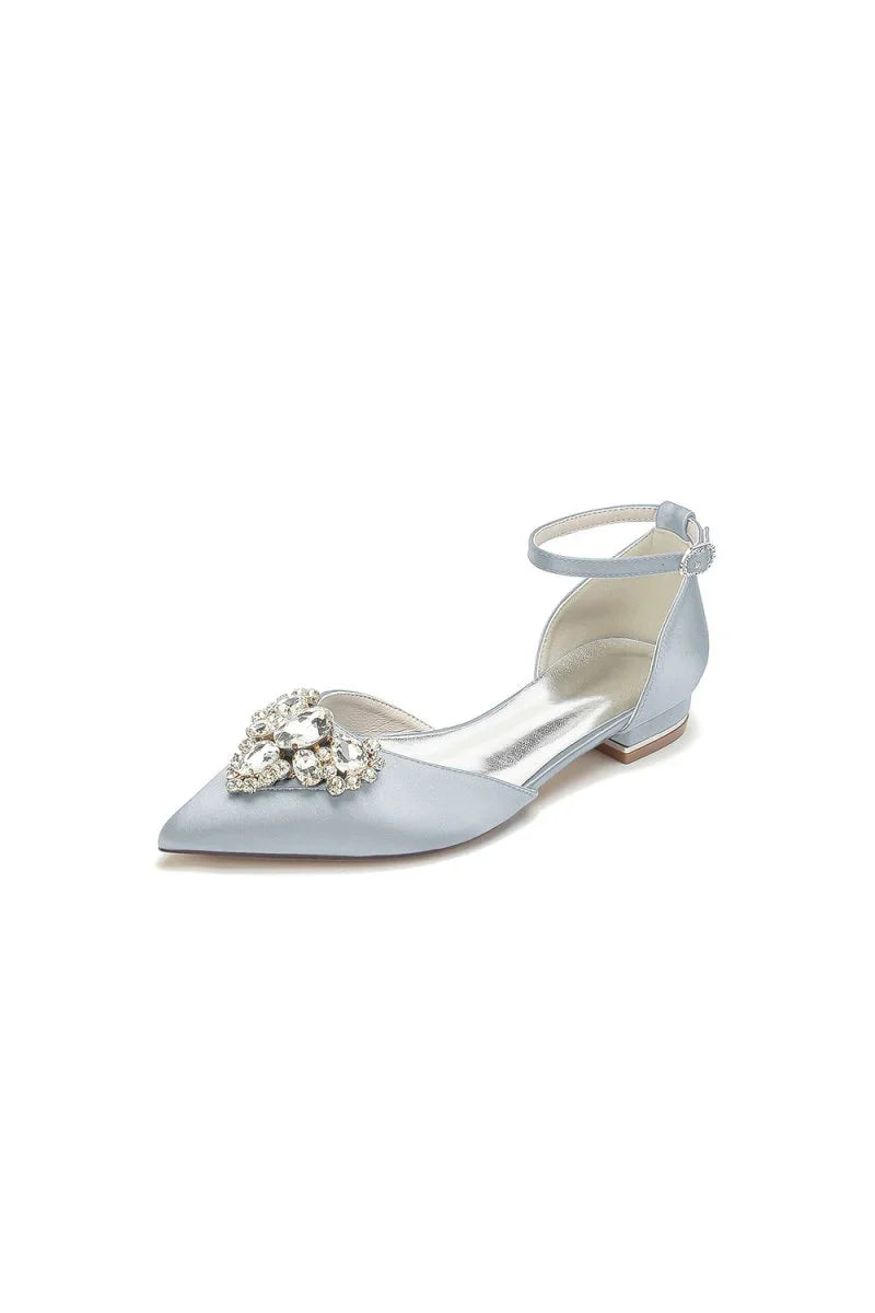 Satin Pointed Toe Ankle Strap Rhinestone Kitten Heels