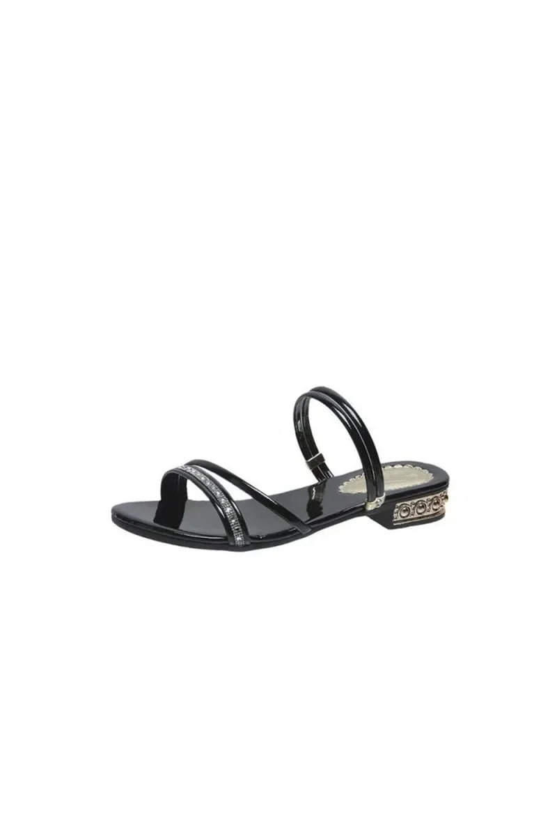 Black Strappy Rhinestones Low Block Heel Sandal