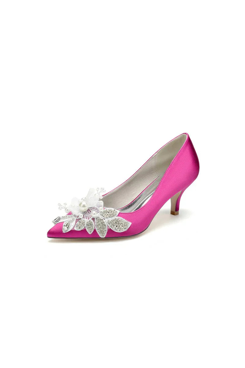 Floral Beading Pointed Toe Satin Kitten Heels