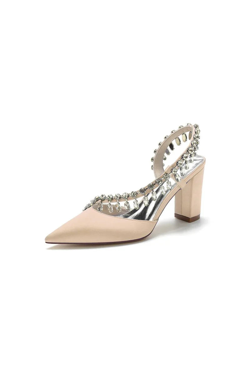 Pointed Toe Beaded Slip on Satin Chunky Heels