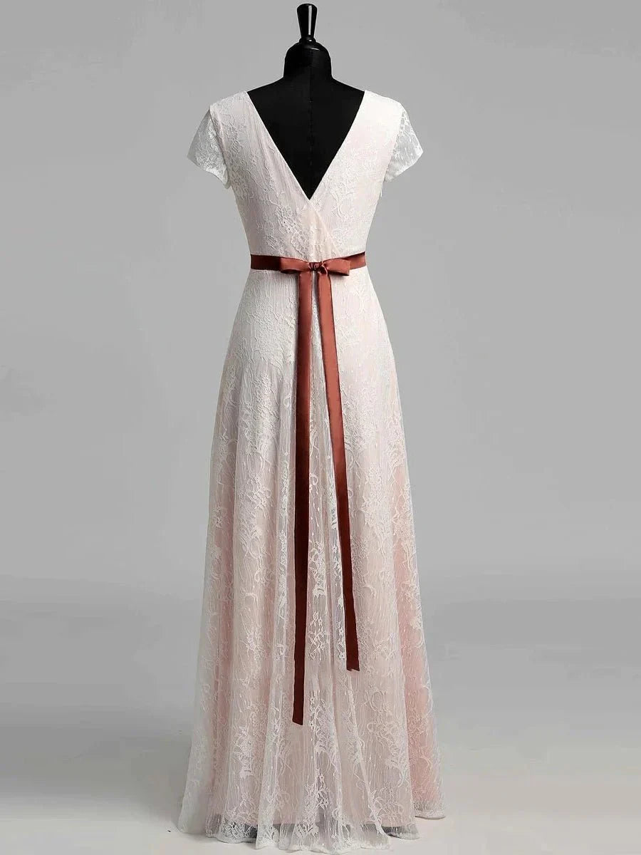 Short Sleeve V neck Pleated Long Lace Wedding Dress