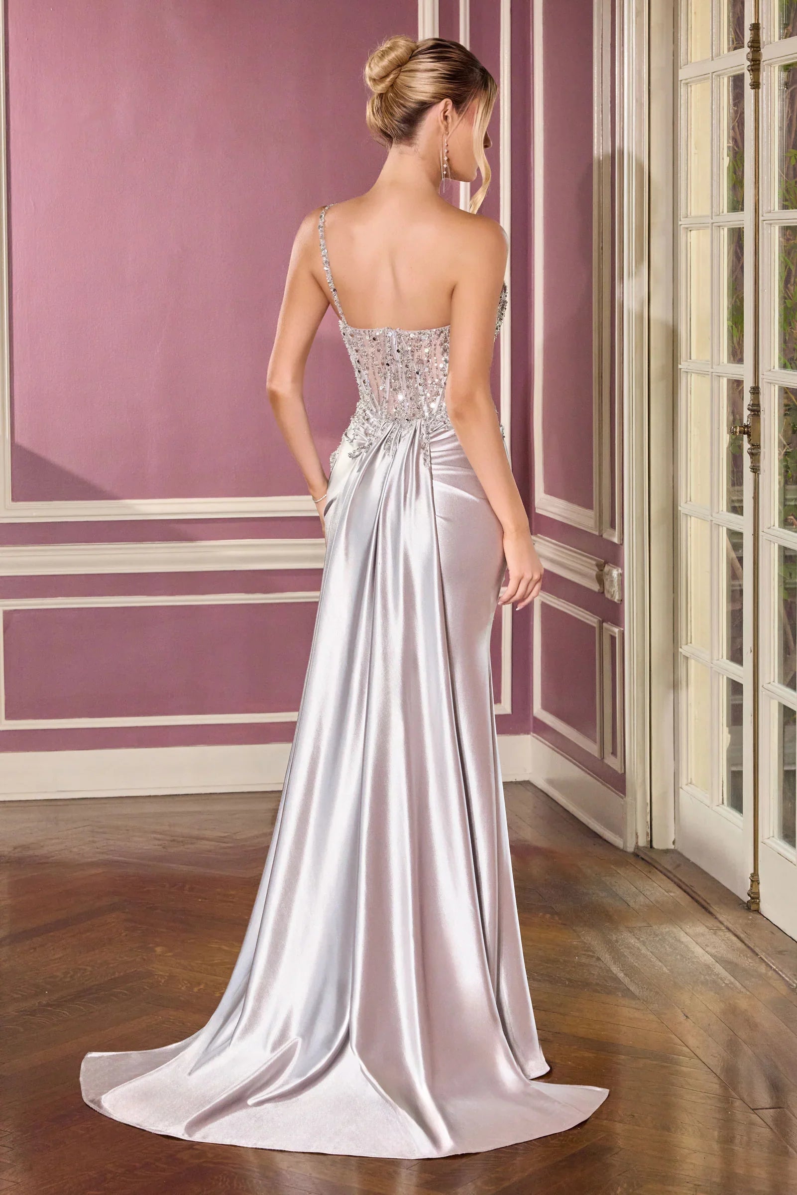 Kendra Gown Silver Dress With Train Skirt Inset Detail