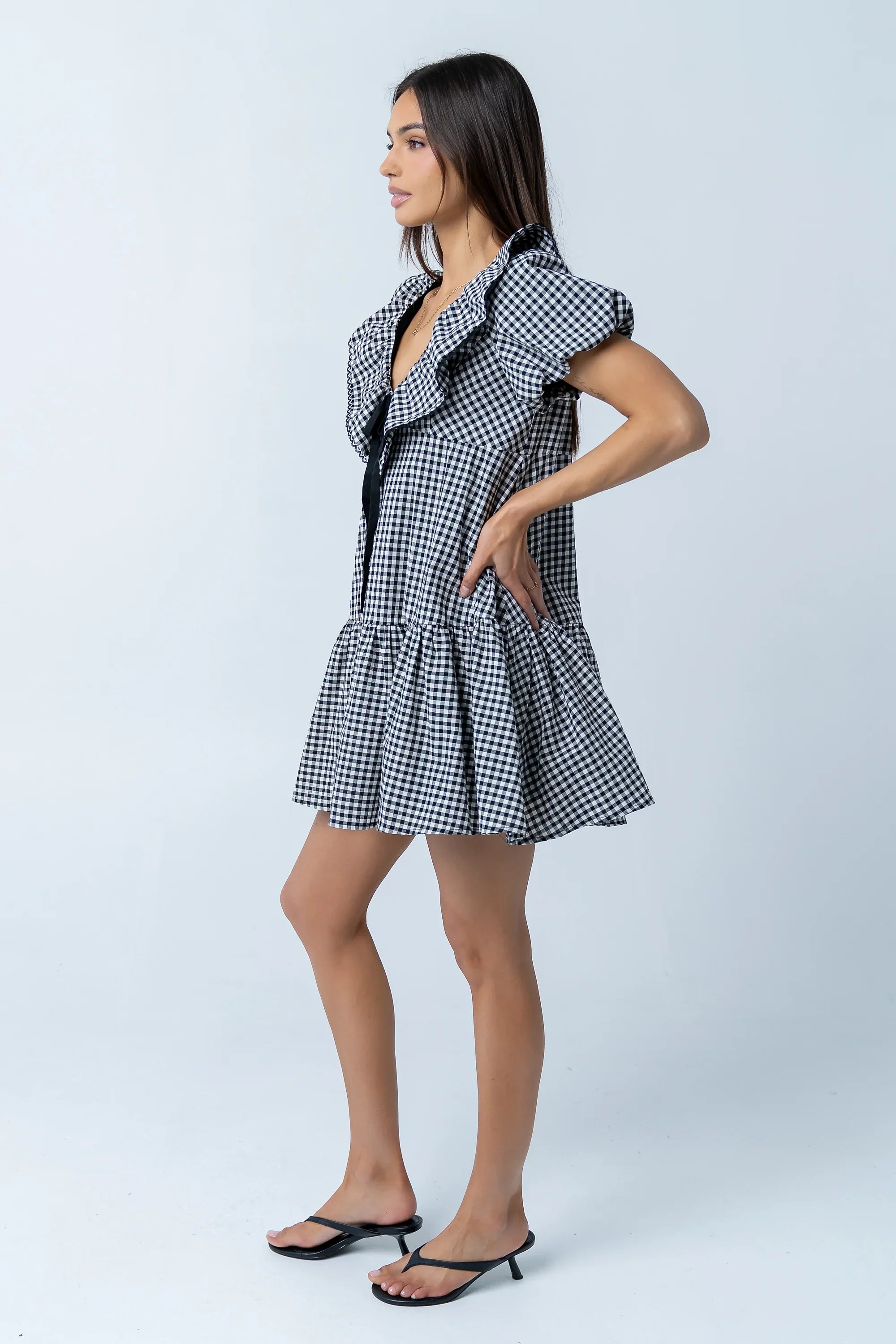 Tony Gingham Baby Doll Dress in Black