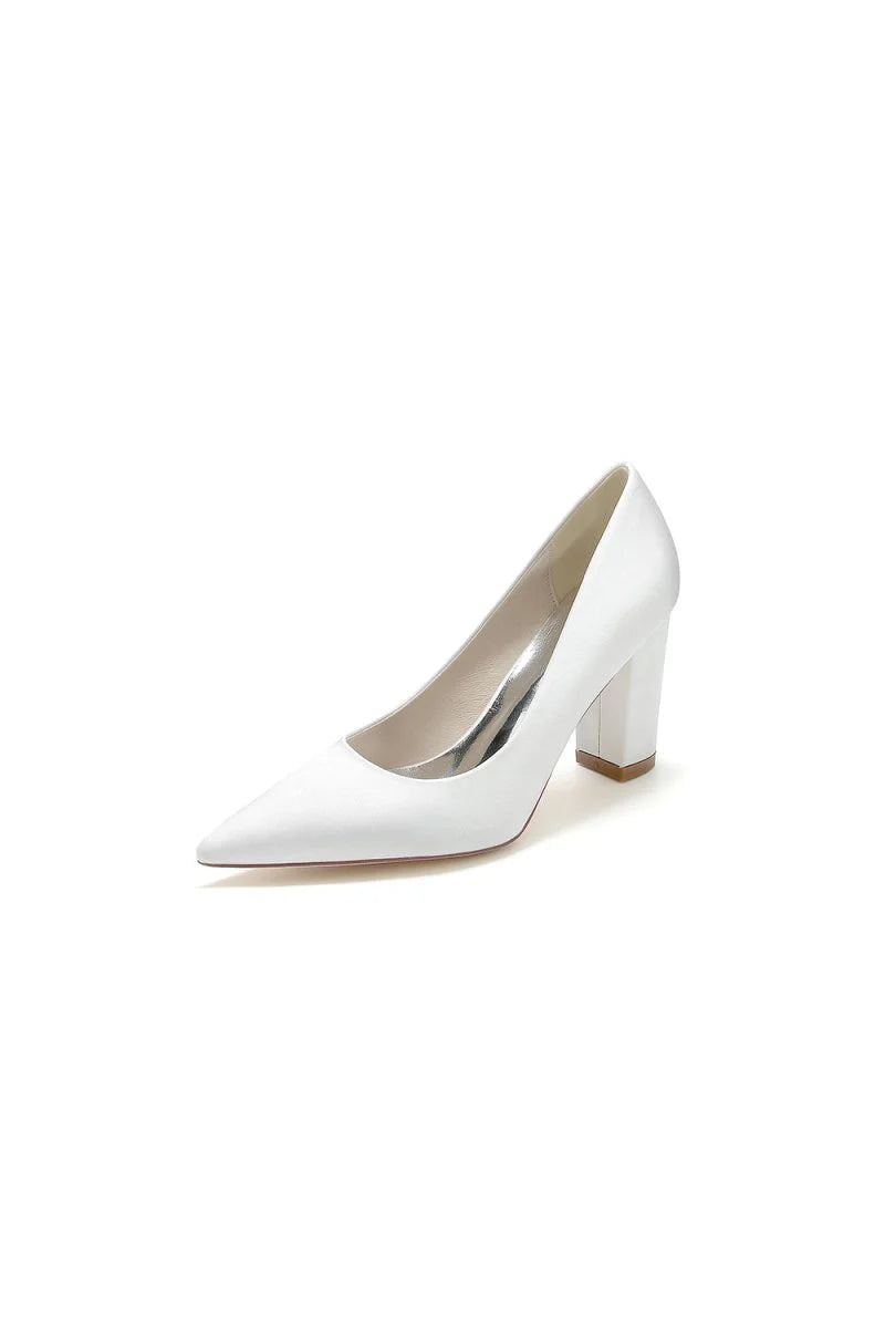 Pointed Toe Slip on Satin Chunky Heels