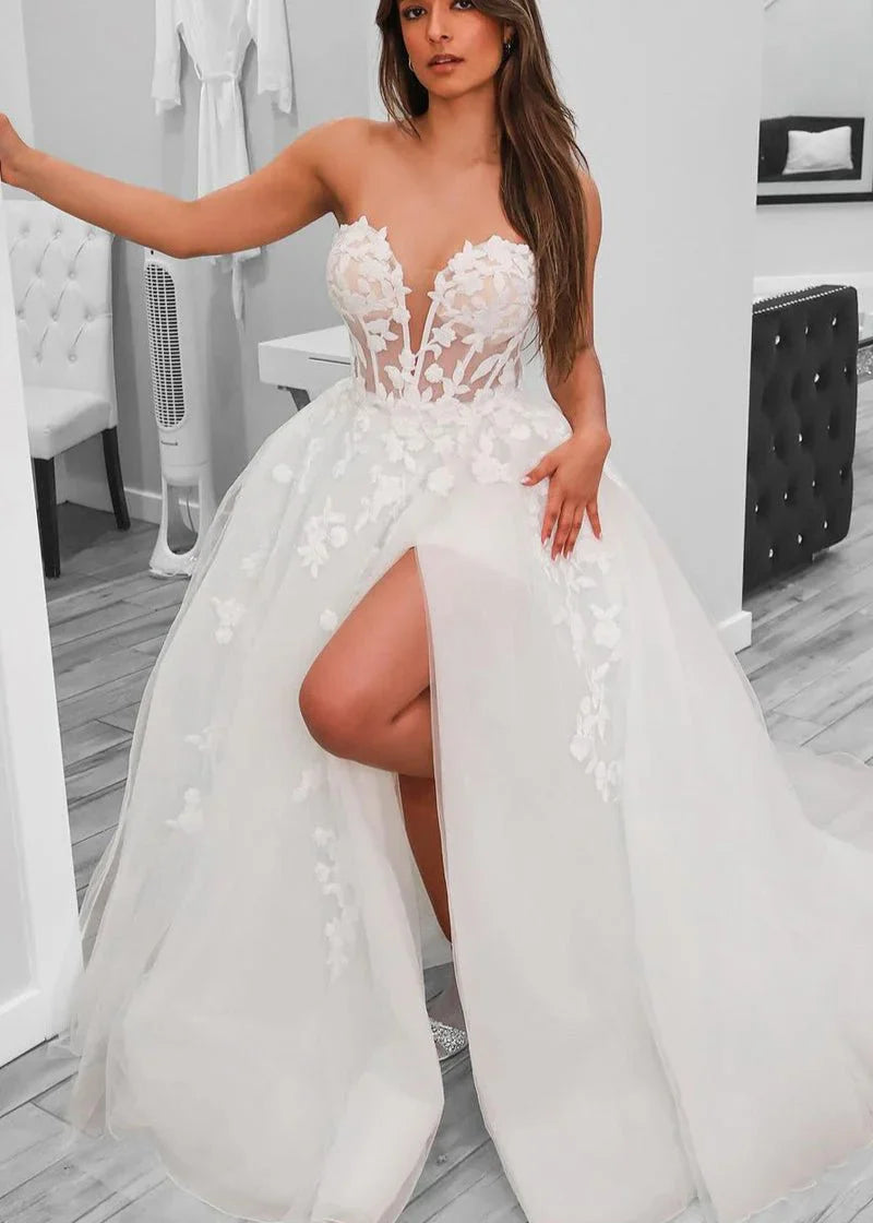 A Line Sweetheart Tulle Wedding Dresses With Slit