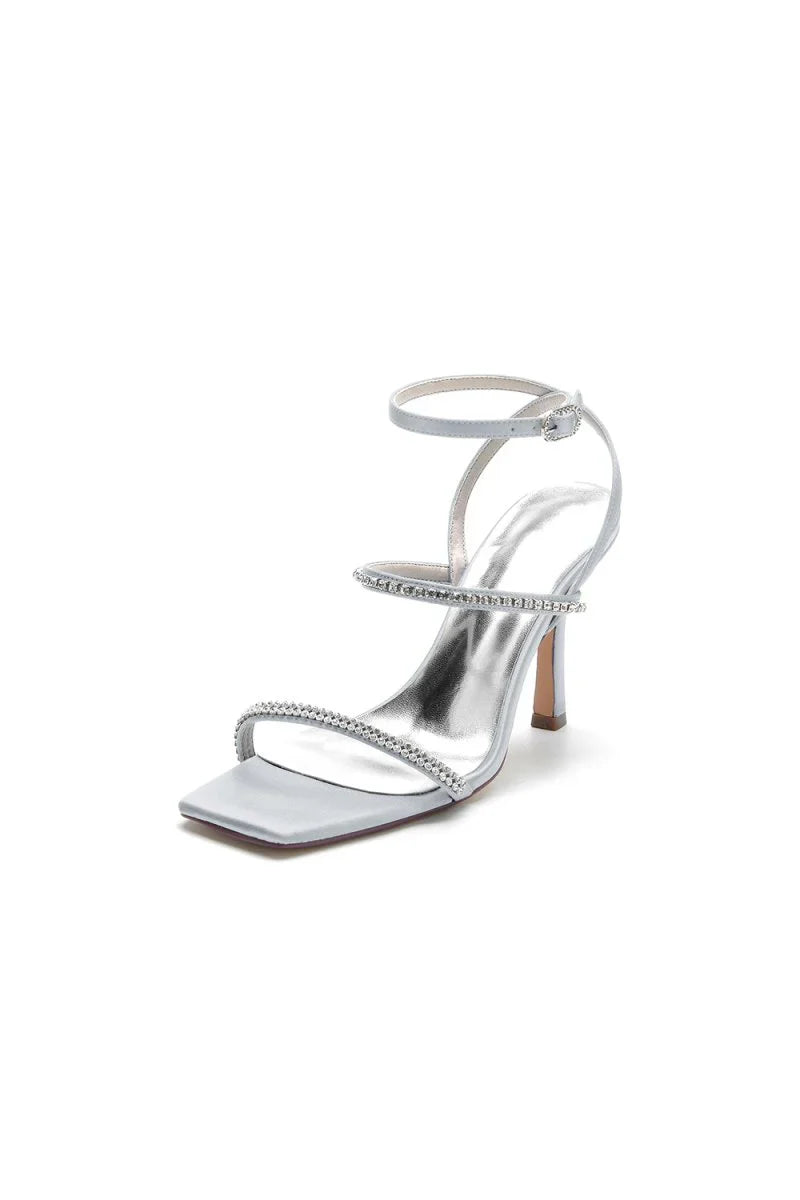 Crystal Cross Straps Square Open Toe Chunky Heels