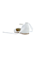 Pointed Toe Ankle Strap Pearl Beaded Ivory Ribbons Low Heels