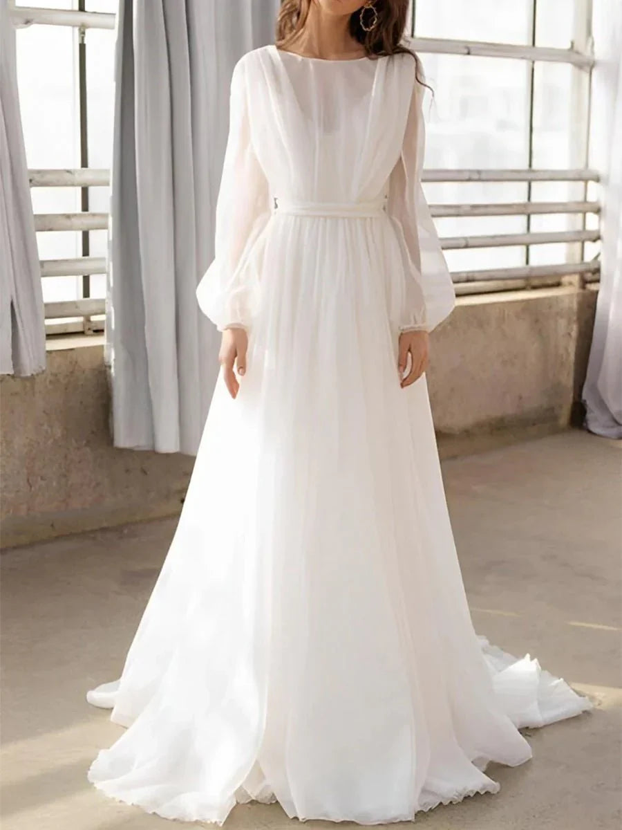 A Line Illusion Neck Long Sleeves Sweep Train Organza Wedding Dresses