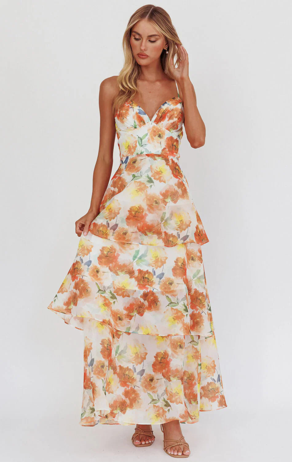 Makenna Maxi Dress Orange Floral Organza Tiered Dress