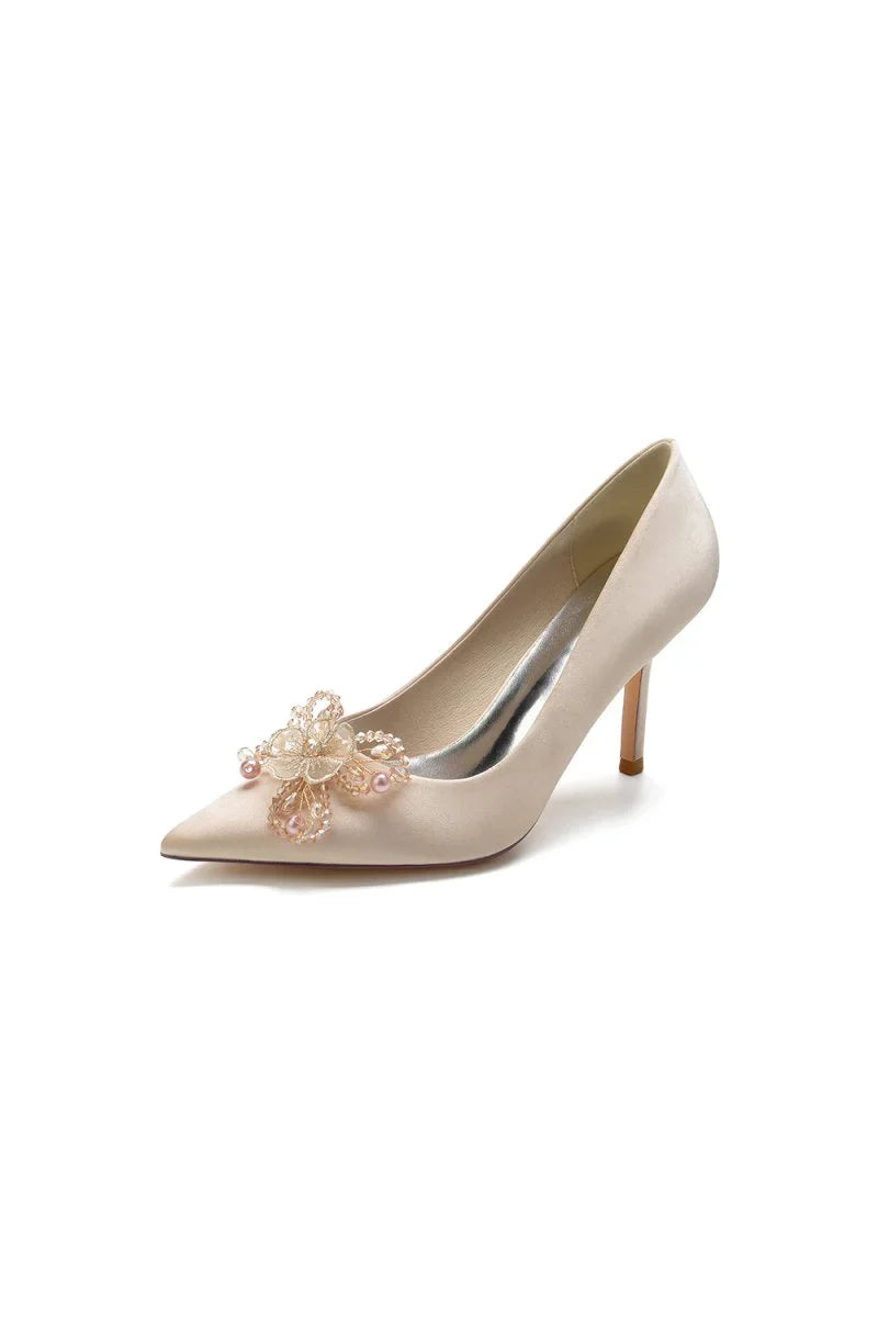 Pointed Toe Crystal Pearl Flower Heels