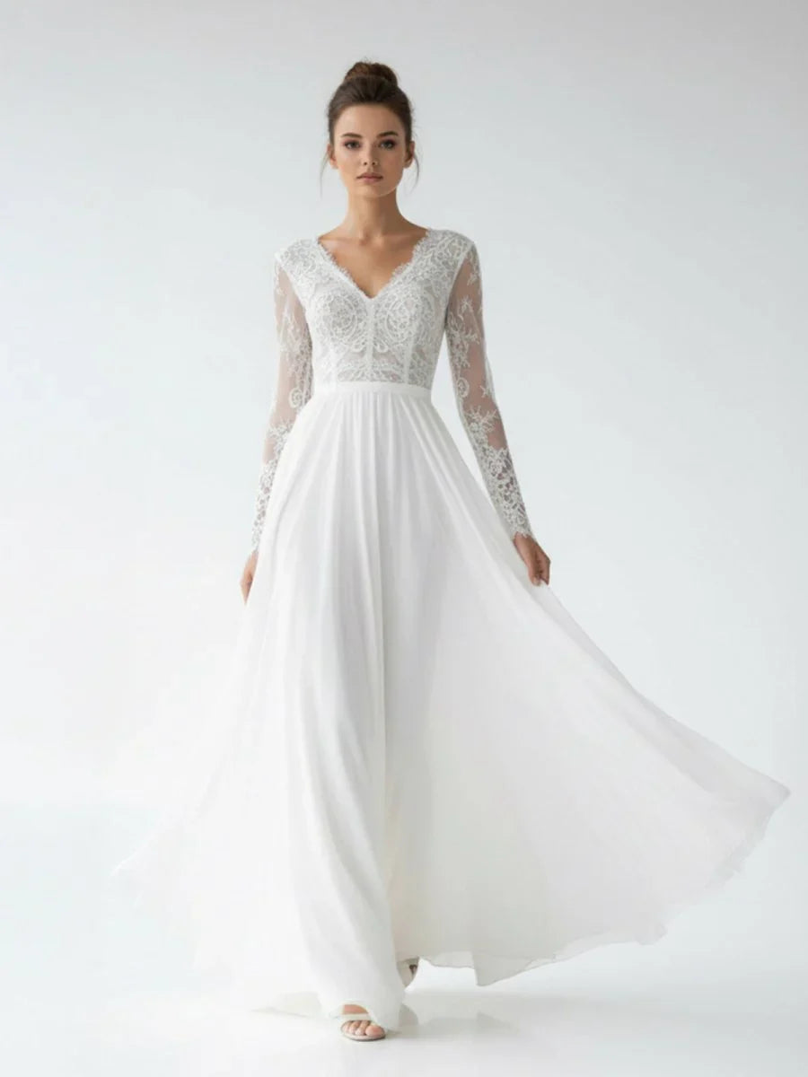Romantic Modern A Line Floor length Chiffon Lace V neck Long Sleeve Wedding Dress