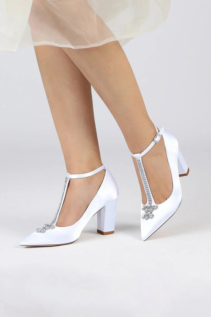 White Leather Pump with Silver Chain and Crystal Accent