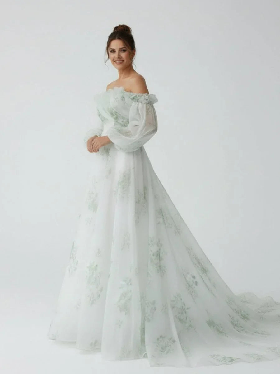 A Line Floral Appliqued Majesty Bridal Wedding Dress with Ruffles