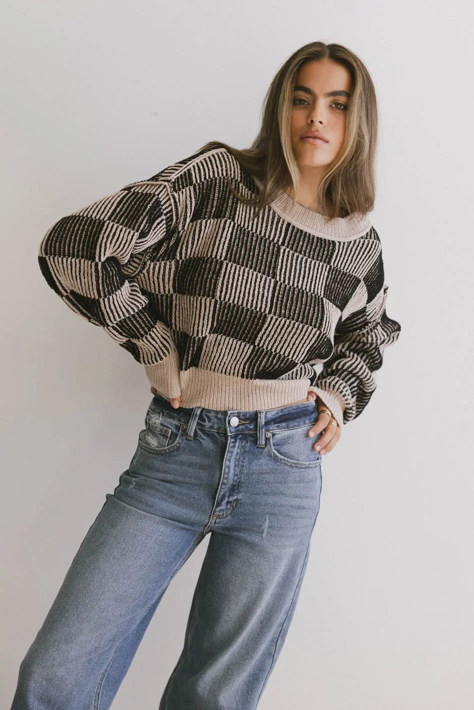 Cielo Checkered Sweater in Taupe FINAL SALE