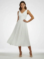 V Neck Sleeveless Tea Length Chiffon Wedding Dress With Ruching And Low V Back