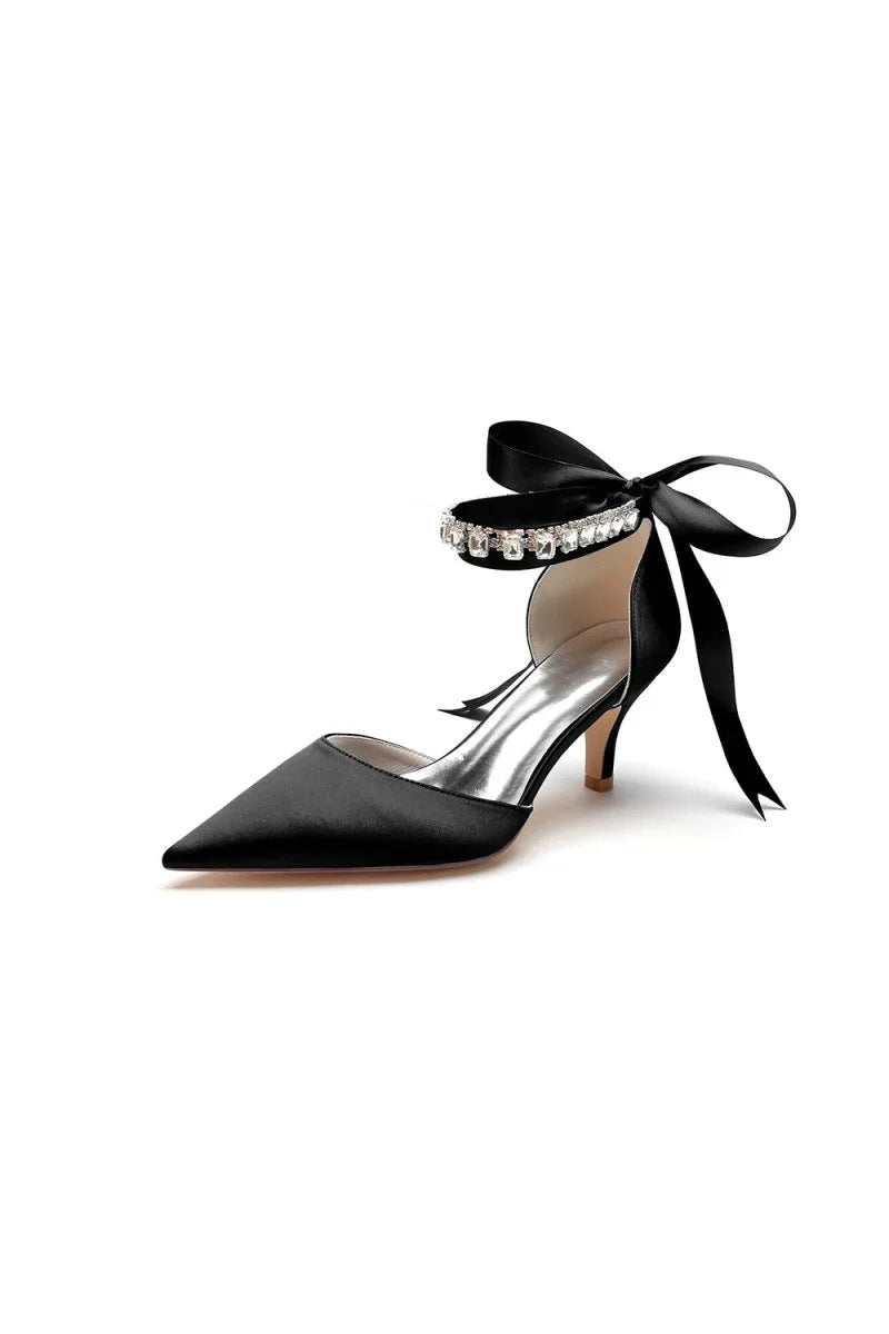 Pointed Toe Ribbons Kitten Heels With Diamond