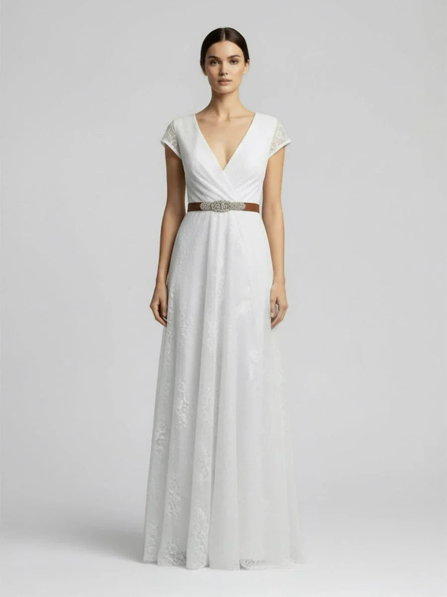 Short Sleeve V neck Pleated Long Lace Wedding Dress