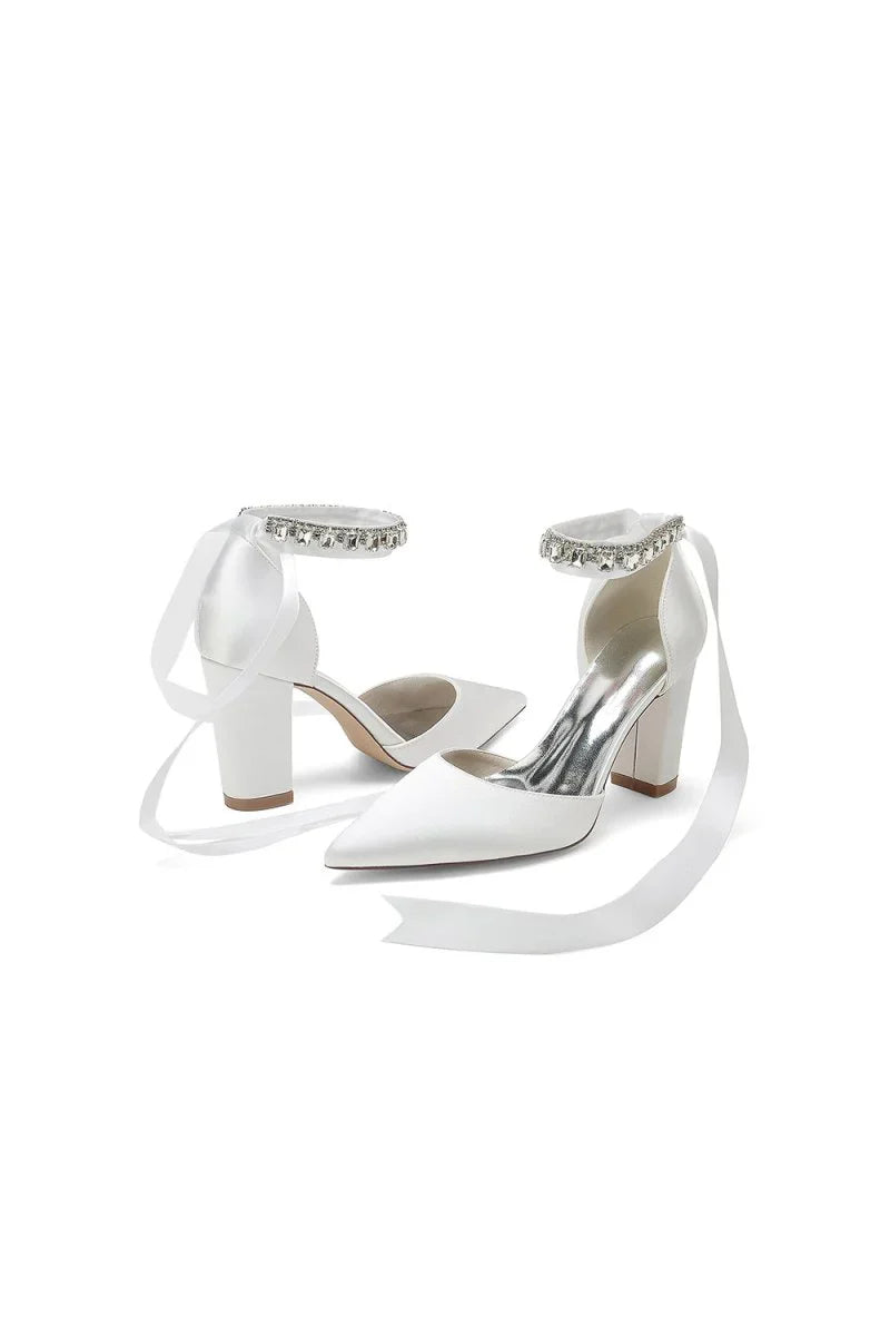 Rhinestone Ribbon Pointed Toe Ankle Strap Chunky Heel