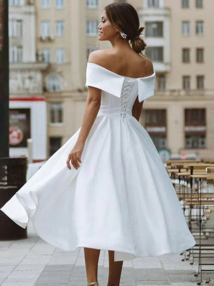 A Line Satin Tea Length White Off the Shoulder Wedding Dress
