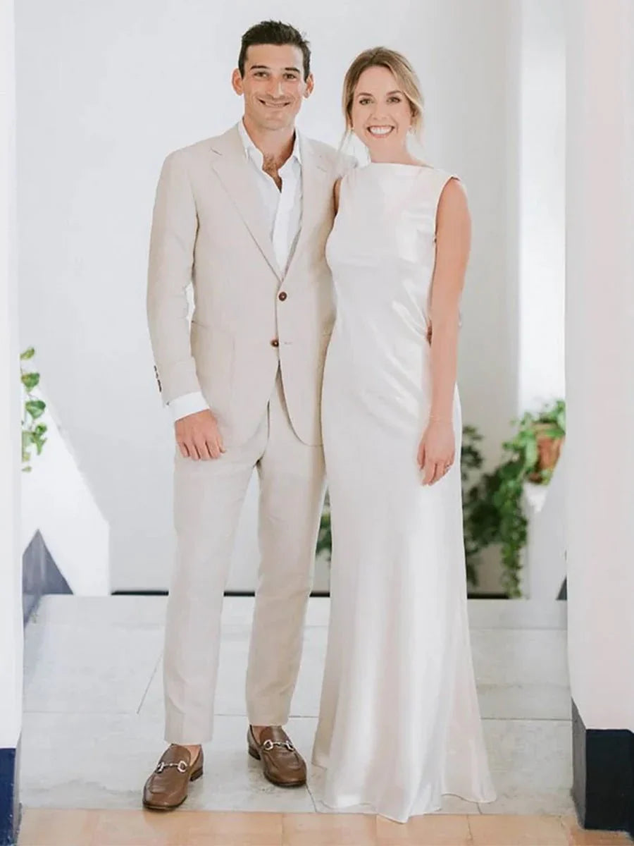 Sheath High Bateau Neck Backless Silk Satin Wedding Dress