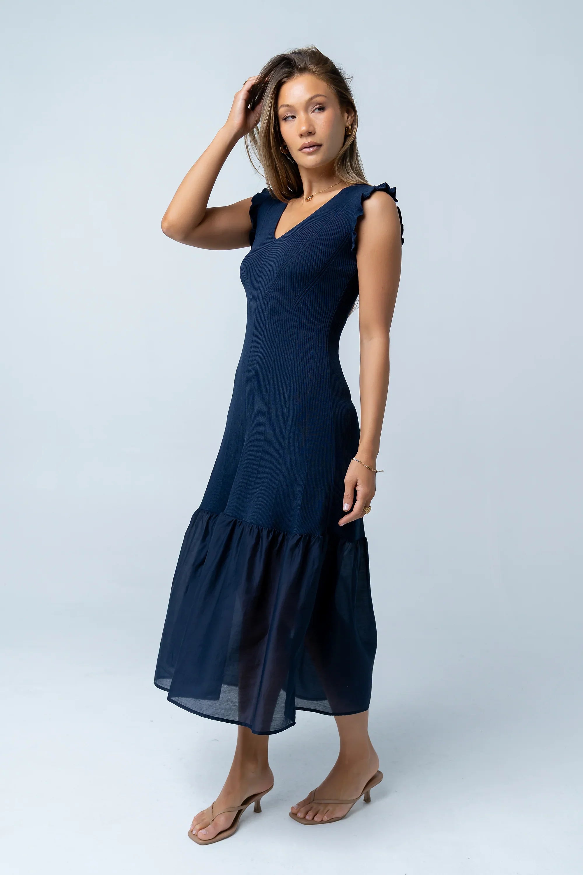 Lara Ribbed Midi Dress in Navy