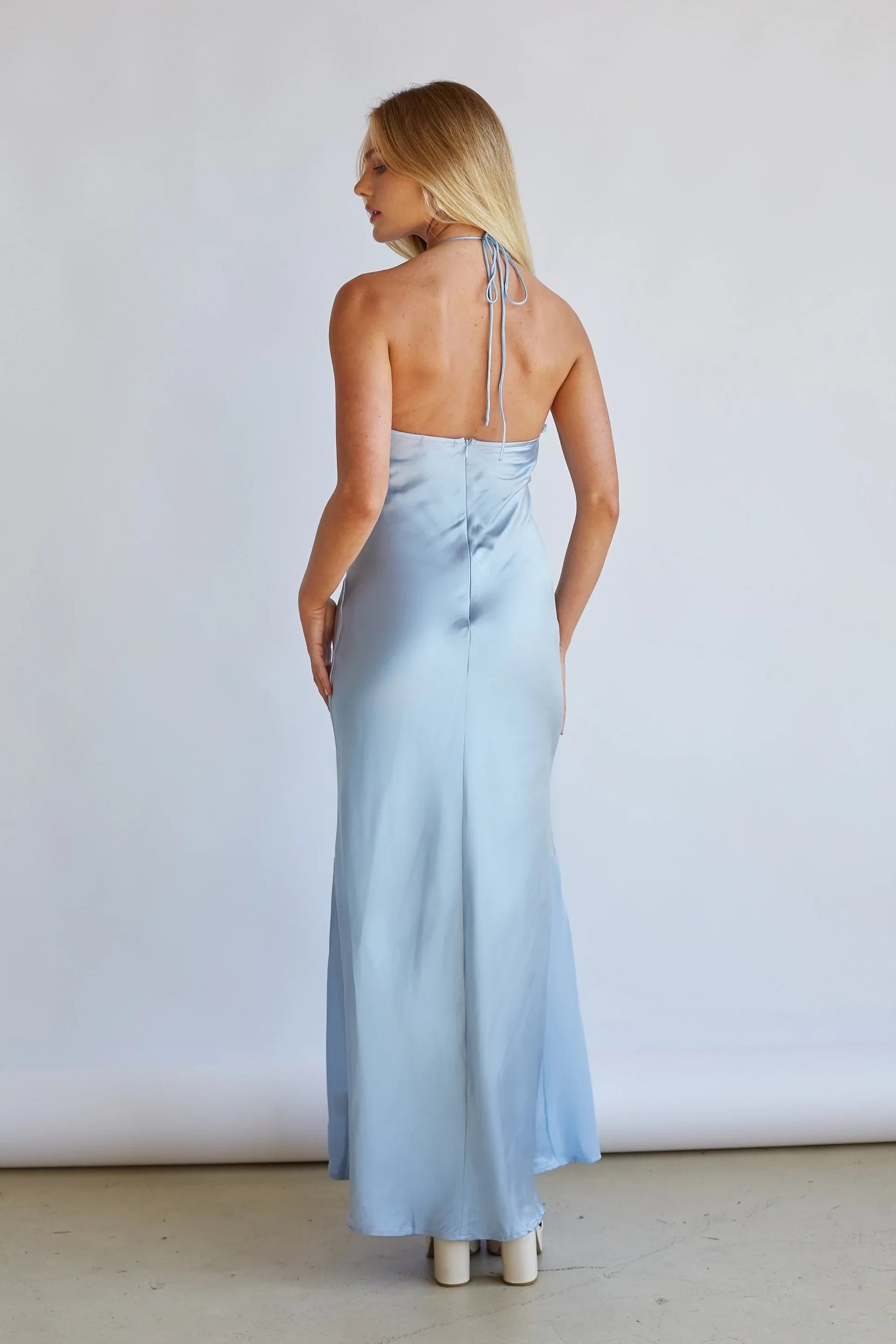 Lucinda Halter V Neck Open Back Satin Midi Dress