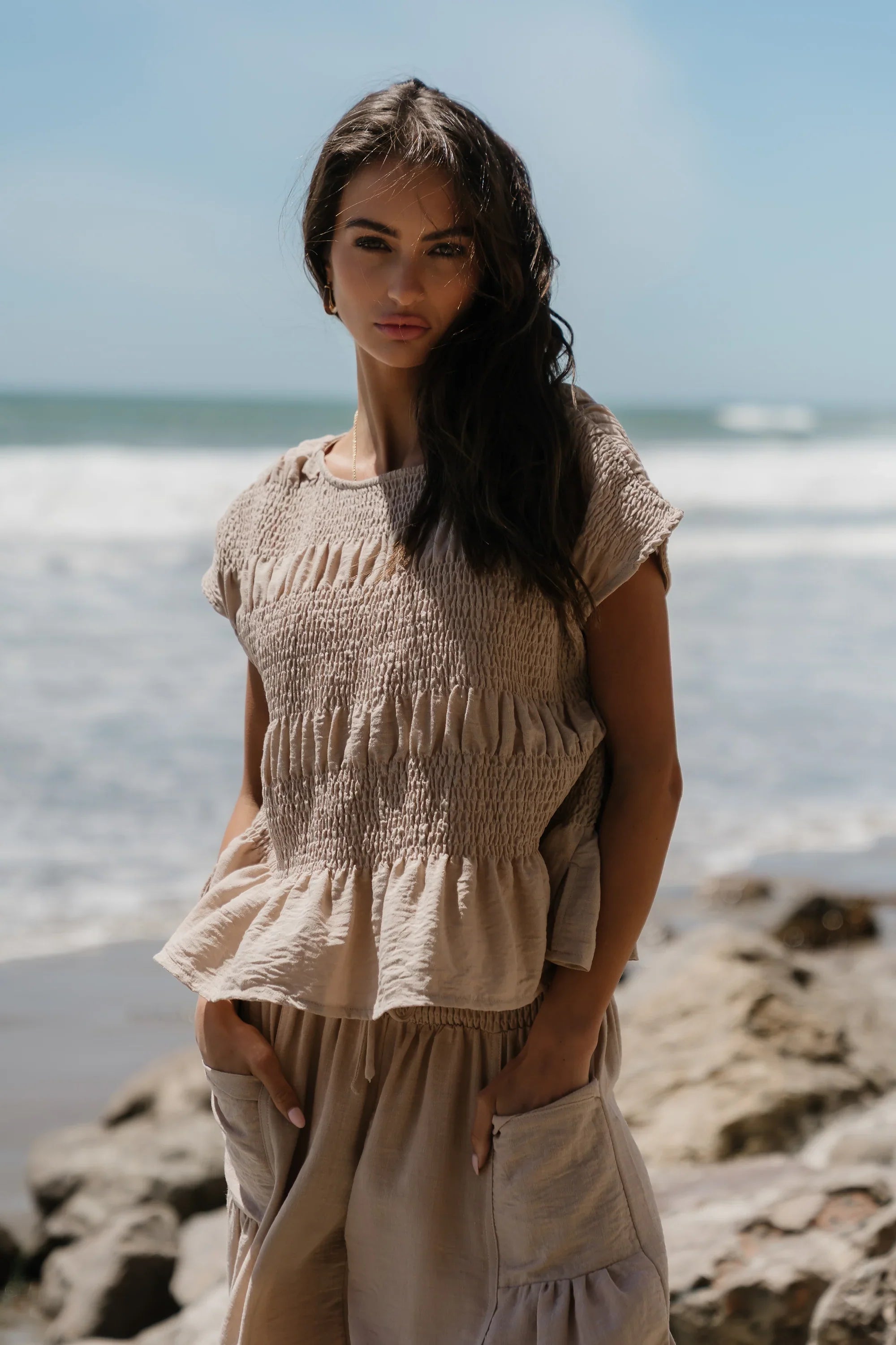 Ashton Smocked Top in Taupe