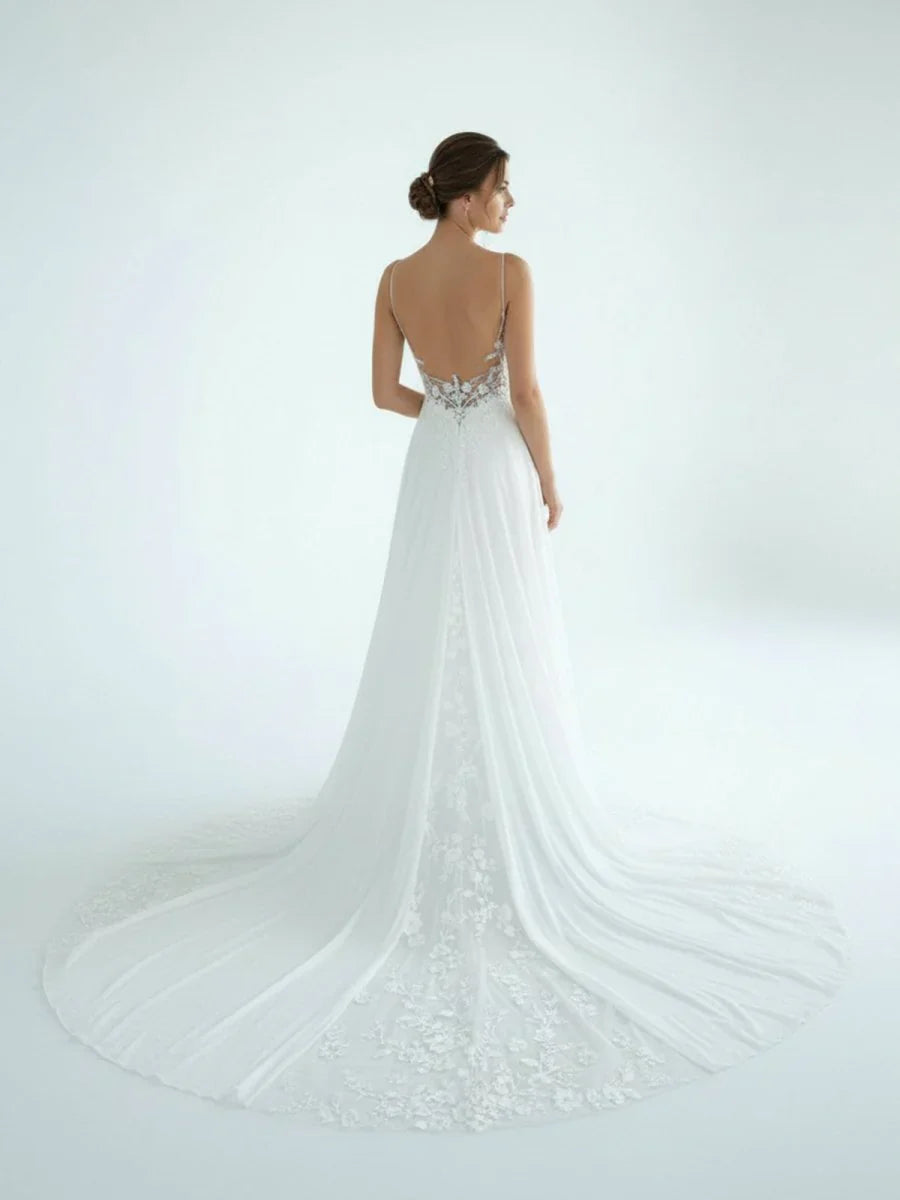 A Line V Neck Chiffon Boho White Appliques Wedding Dresses