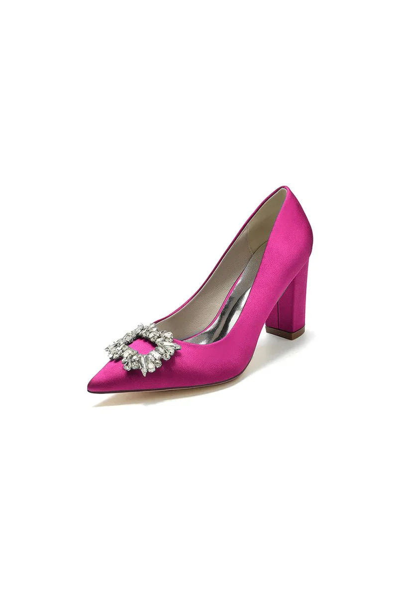 Pointed Toe Block Heels with Rhinestone