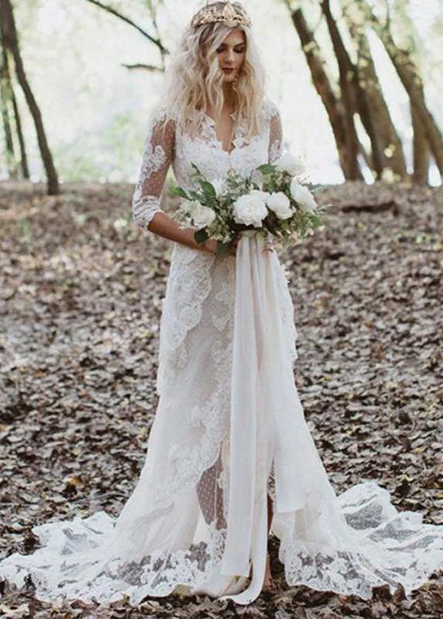Tulle A Line Lace Appliques 3 4 Sleeve V Neck Romantic Bridal Wedding Gowns