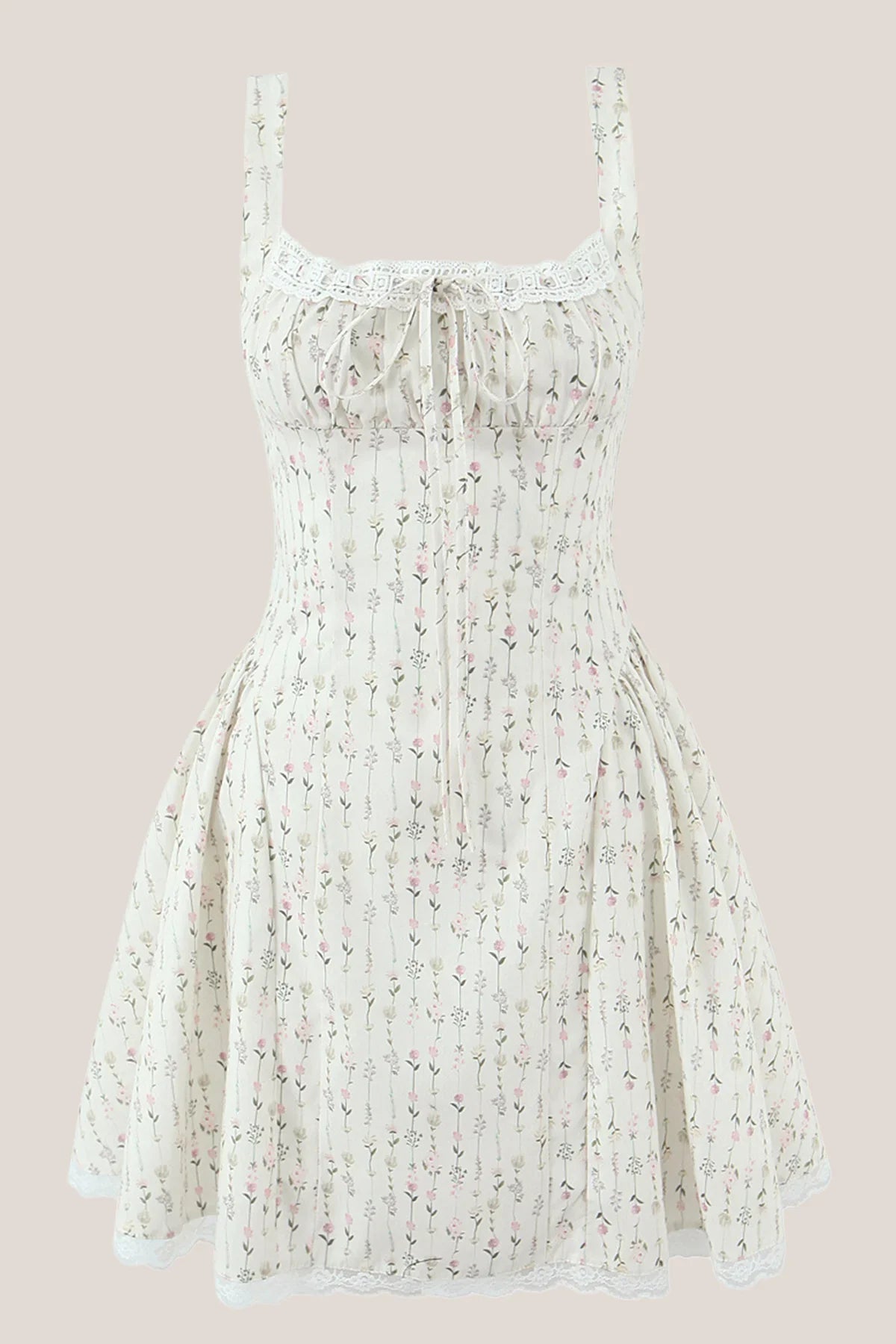White Vintage Rose Printed Lace Cotton Mini Dress