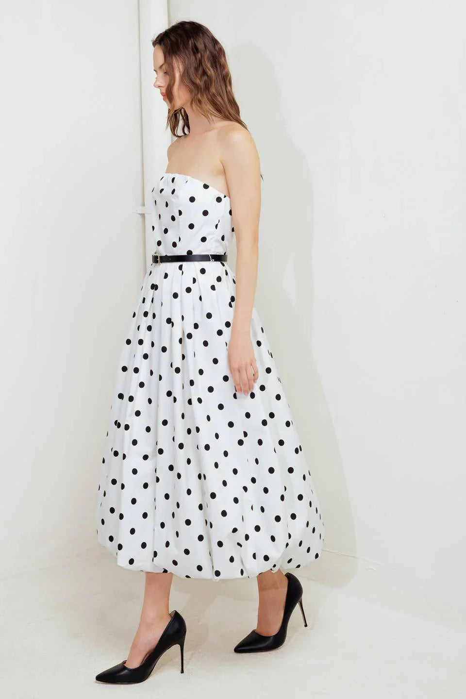 WHITE BLACK POLKA DOT BUBBLE HEM MIDI DRESS
