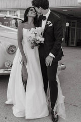 A Line White Satin Strapless Wedding Dresses with Slit