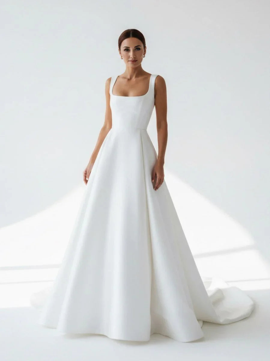 Simple A Line Square Neck White Satin Wedding Dresses