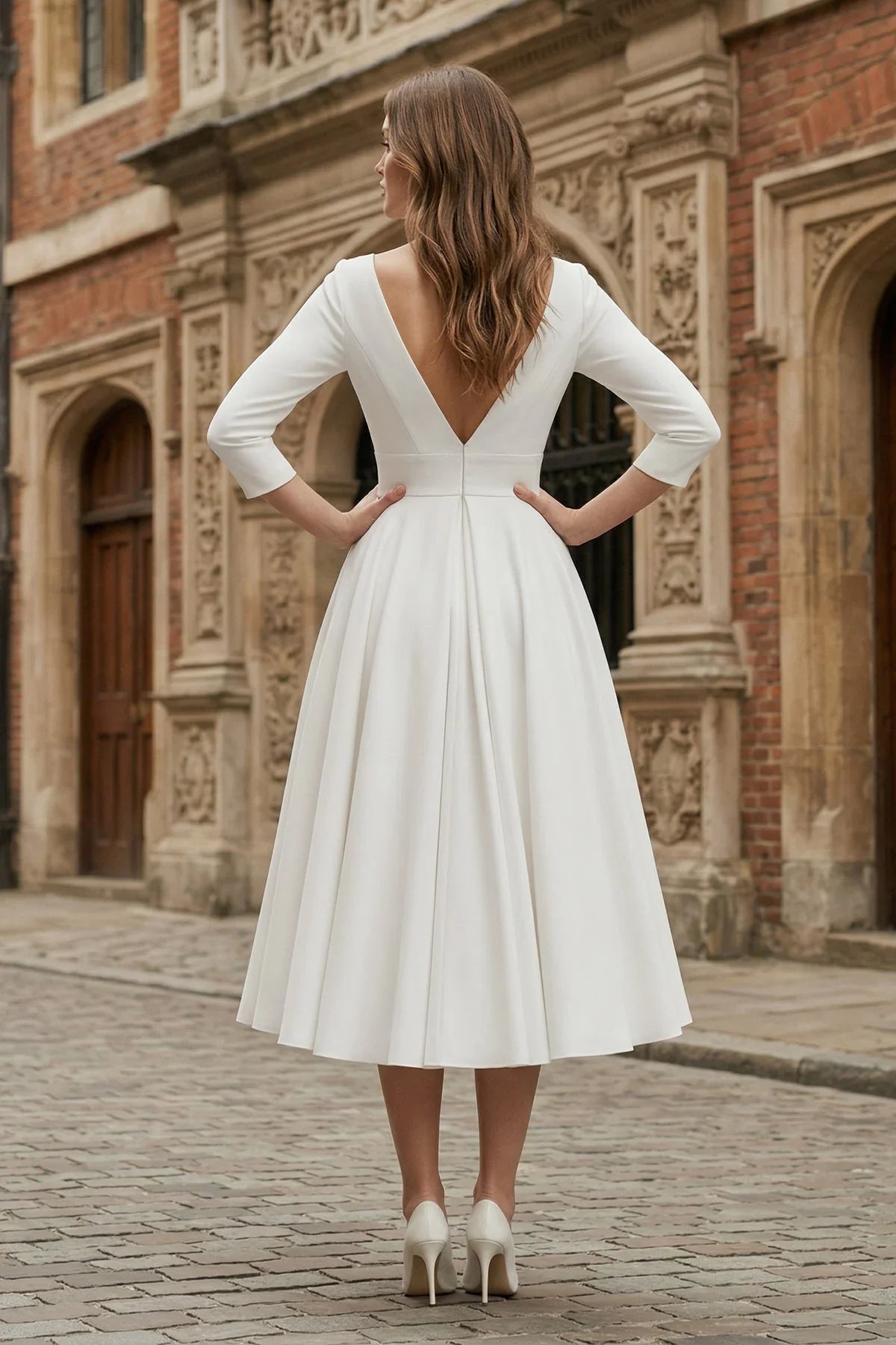 Vintage Sleeved A Line V neck Satin Tea Length Wedding Dress